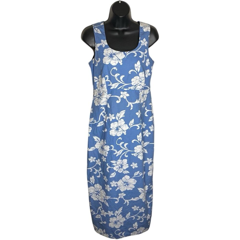 Vtg Hilo Hattie Dress Womens 6 Blue Midi Maxi Hibiscus Hawaiian Tropical Floral